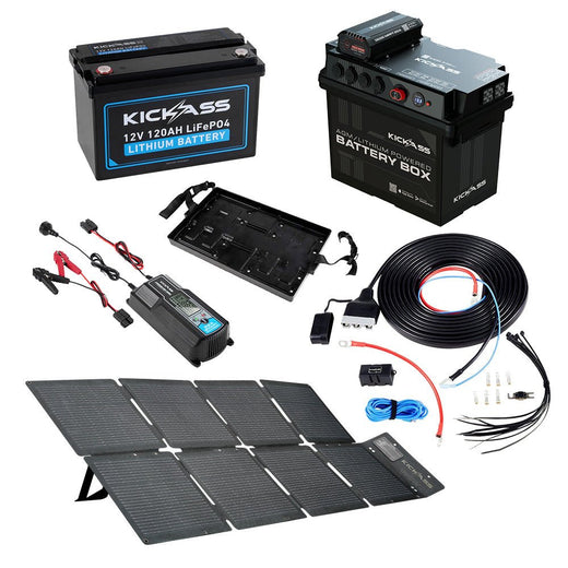 KickAss Battery Box with 25A DCDC Bundle with 120Ah Lithium Battery, Wiring Kit, 32A Charger and 120W Solar Blanket