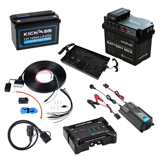 KickAss ProductsKickAss Battery Box with 25A DCDC Bundle with 120Ah Lithium Battery, Wiring Kit, 32A Charger, USB Charger and Extension LeadKABUNDLE10