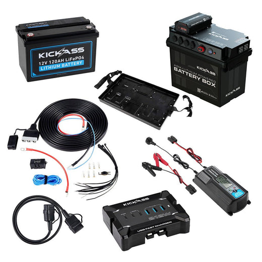 KickAss Battery Box with 25A DCDC Bundle with 120Ah Lithium Battery, Wiring Kit, 32A Charger, USB Charger and Extension Lead