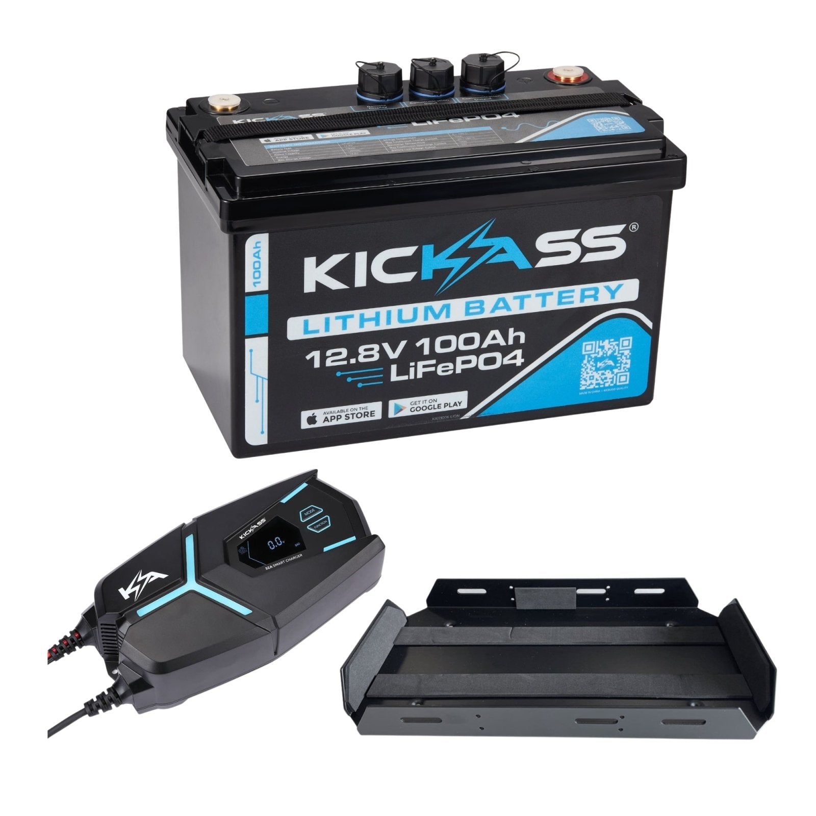 KickAss ProductsKickAss Integrated 12V 100Ah Lithium Battery + Tray + 32A Smart Battery Charger BundleKA12100XTRAY32A