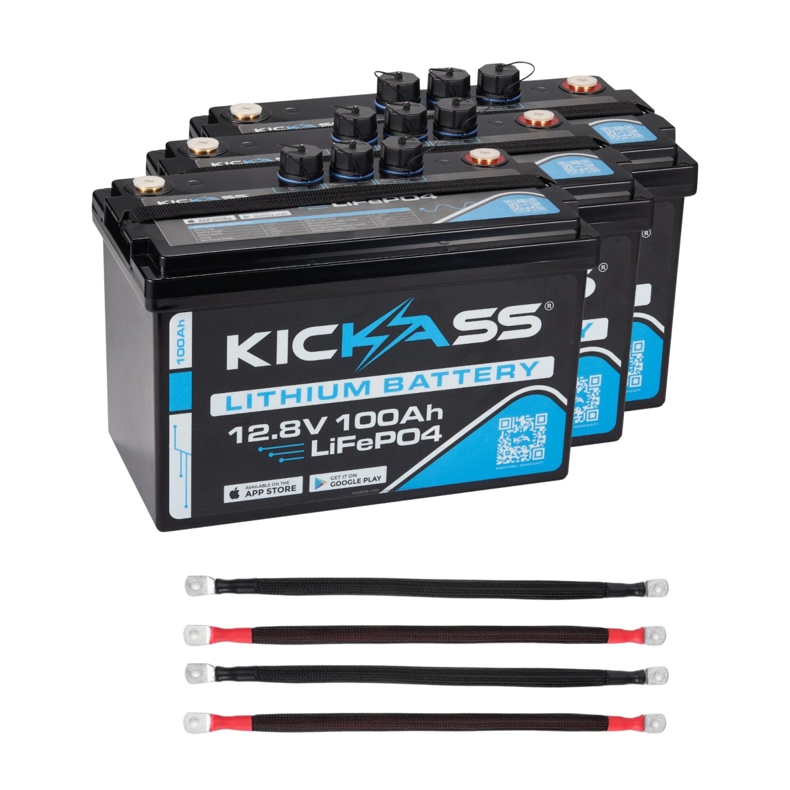 KickAss ProductsKickAss Integrated 12V 100Ah Lithium Battery Tri - Pack + Linking Cables BundleKA12100X - LION3PK