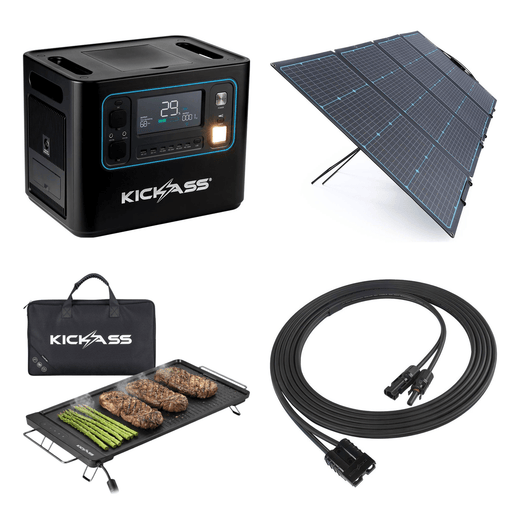 KickAss KickCharge 2400 Lithium Power Station + 240W Solar Generator Kit with Portable BBQ and Extension Cable