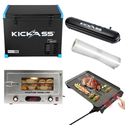 KickAss Kitchen Bundle with 45L Fridge, 130W Travel Oven, Electric BBQ & Vacuum Sealer
