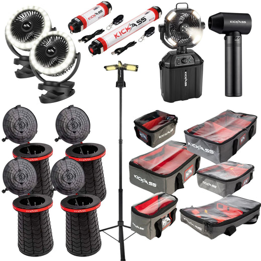 KickAss Large Campsite Essentials Bundle with Tripod Camping Light, Misting Fan, Clip Fans, Torches, Pop Up Stools, Jet Blower Fan & Storage Bag