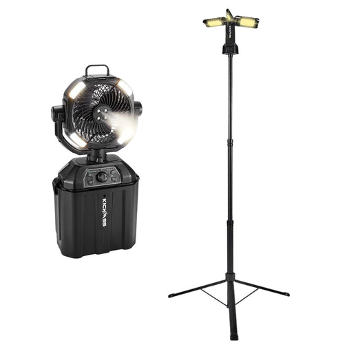 KickAss Portable 20000mAh Misting Fan + 4500 Lumen Tripod Camping Light Bundle