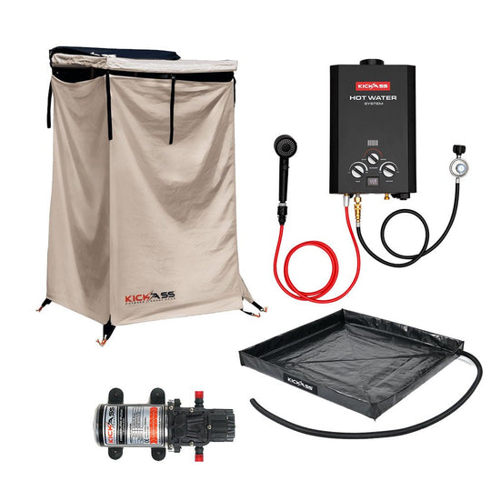 KickAss ProductsKickAss Portable Gas Hot Water System MKII Bundle with Shower Awning, Base & Water PumpKA-HWS6L-MKII-AWN-BASE-PMP