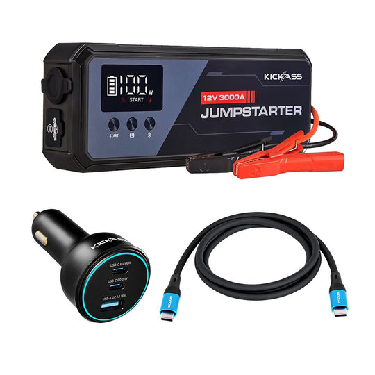 KickAss ProductsKickAss Power Boost 3000A Jump Starter Bundle with 100W Car Charger and USB - C CableKAJUMPSTRTR3000A-BUN