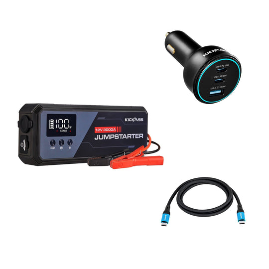 KickAss ProductsKickAss Power Boost 3000A Jump Starter Bundle with 100W Car Charger and USB - C CableKAJUMPSTRTR3000A-BUN