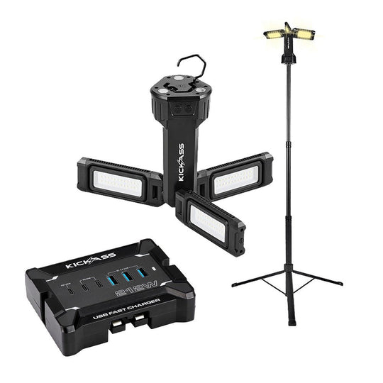KickAss ProductsKickAss Rechargeable 1.7m Tripod Camping Light + 12V Anderson To USB Fast Charger BundleKABUN-CAMPLTRI17-FC12V