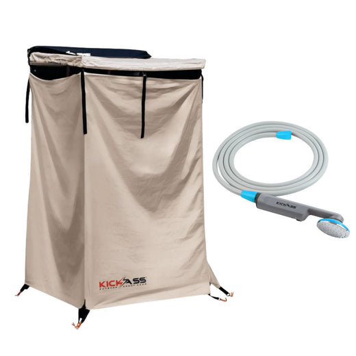 KickAss Premium Shower Awning + Portable 12V Camping Shower Bundle