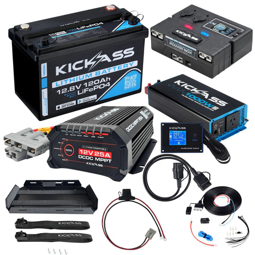 KickAss Smart 12V 120Ah Lithium Dual Battery Kit with 1000W Inverter, 25A DCDC Charger, Control Box, Display Panel, Tray & Wiring