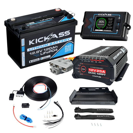 KickAss Smart 12V 120Ah Lithium Premium Dual Battery Kit with 25A DCDC Charger, Display Panel, Tray & Wiring