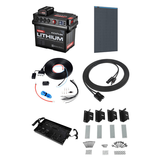 KickAss ProductsKickAss Smart 125Ah Lithium Battery Box Power Station Bundle with 170W Fixed Solar Panel, Wiring Kit & TrayKA-125AHLIT-25ADCDC-SOL170W-WIRING