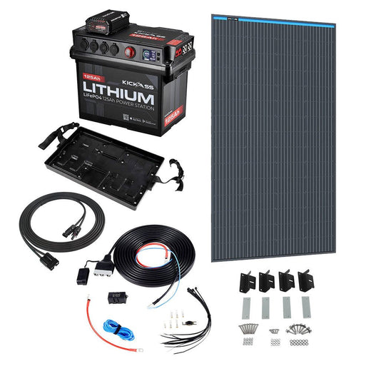 KickAss Smart 125Ah Lithium Battery Box Power Station Bundle with 170W Fixed Solar Panel, Wiring Kit & Tray