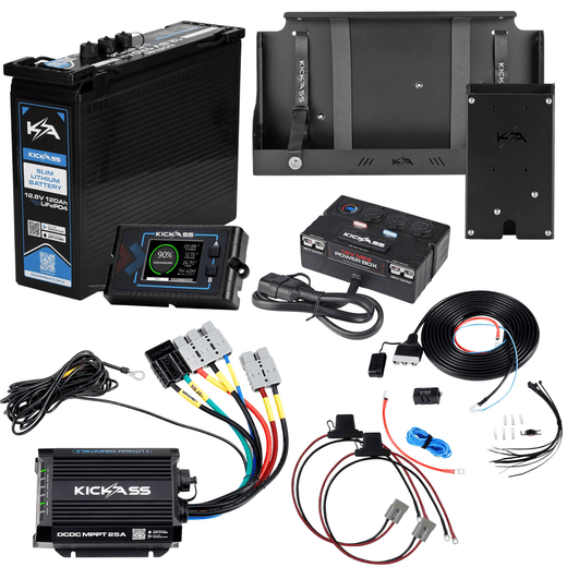 KickAss Smart 12V 120Ah Slimline Lithium Premium Dual Battery Kit with 25A DCDC Charger, Control Box, Display Panel, Tray & Wiring