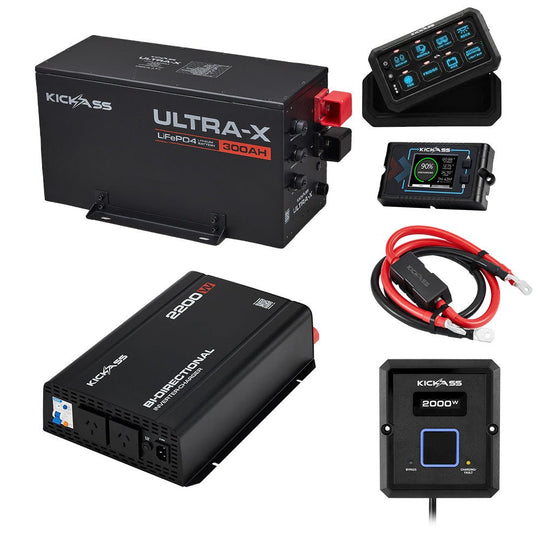 KickAss ProductsKickAss Smart 12V 300Ah LiFePO4 Battery Bundle with 2200W Inverter-Charger, DCDC Charger & Wiring - 300Ah Total CapacityKA-12300UXG2-LION-INV-CHG-DCDC-WIRING