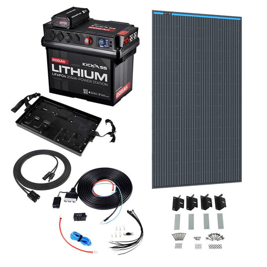 KickAss Smart 205Ah Lithium Battery Box Power Station Bundle with 250W Fixed Solar Panel, DCDC Wiring Kit & Tray