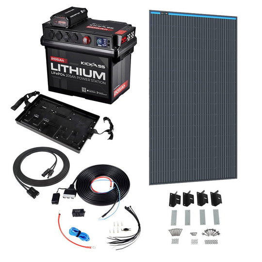 KickAss ProductsKickAss Smart 205Ah Lithium Battery Box Power Station Bundle with 250W Fixed Solar Panel, DCDC Wiring Kit & TrayKA-JBBOXLI205AH40A-SOL250W-WIRING