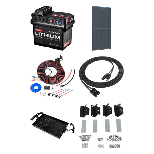 KickAss ProductsKickAss Smart 205Ah Lithium Battery Box Power Station Bundle with 250W Fixed Solar Panel, DCDC Wiring Kit & TrayKA-JBBOXLI205AH40A-SOL250W-WIRING
