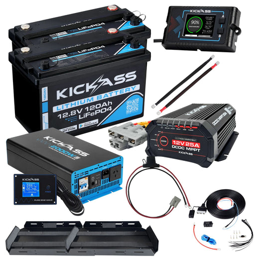 KickAss Twin Smart 12V 120Ah Lithium Dual Battery Kit with 2000W Inverter, 40A DCDC Charger, Display Panel, Tray & Wiring - 240Ah Capacity