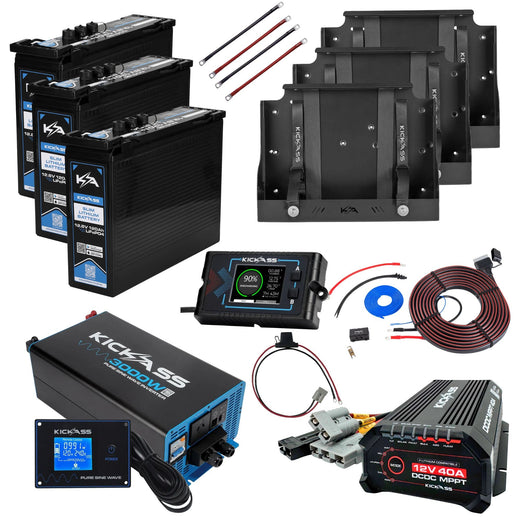 KickAss Triple Smart 12V 120Ah Slimline Lithium Premium Dual Battery Kit with 3000W Inverter, 40A DCDC Charger, Display Panel, Tray & Wiring - 360Ah Capacity