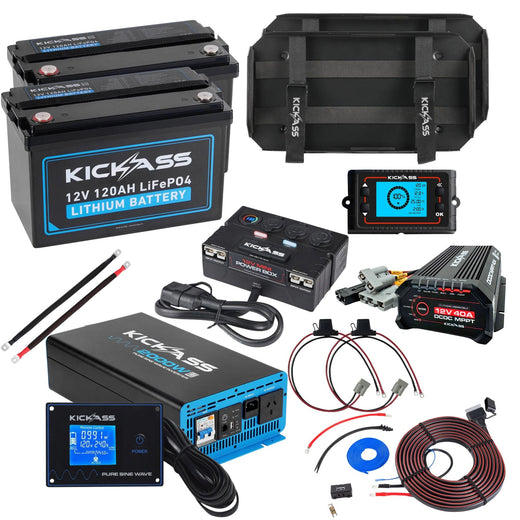 KickAss Twin 12V 120Ah Lithium Dual Battery Kit with 2000W Inverter, 40A DCDC Charger, Shunt, Control Box, Display Panel, Tray & Wiring - 240Ah Capacity