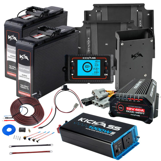 KickAss ProductsKickAss Twin 12V 120Ah Slimline Deep Cycle AGM Complete Dual Battery Kit with 1000W Inverter, 40A DCDC Charger, Tray & Wiring - 240Ah CapacityKA240COMPSLIMAGMDBK