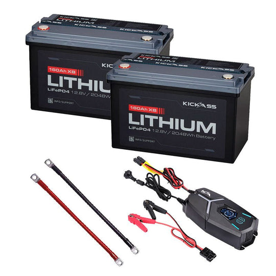 KickAss ProductsKickAss Twin 12V 160Ah Lithium Battery Bundle with 32A Charger & Linking Cables - 320Ah Total CapacityKA-12160XBN70-LION-CHG-CBL-320AH