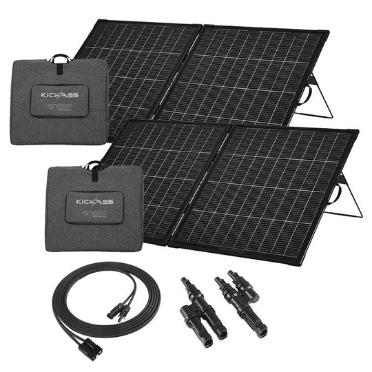 KickAss ProductsKickAss Twin 200W Bi Facial Folding Solar Panel Bundle with Connectors & Extension Cable - 400W Total CapacityKA-BIFACSP200-TWIN-CONN-CABLE