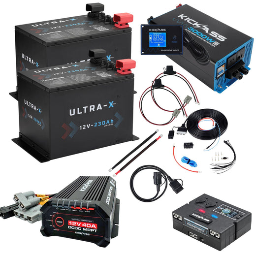 KickAss Twin 12V 230Ah Ultra-X Compact Lithium Dual Battery Kit with 3000W Inverter, 40A DCDC Charger, Control Box, Display Panel, Wiring - 460Ah Capacity