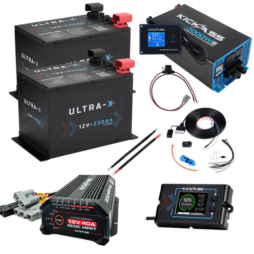 KickAss Twin 12V 230Ah Ultra-X Compact Lithium Dual Battery Kit with 3000W Inverter, 40A DCDC Charger, Display Panel, Wiring - 460Ah Capacity
