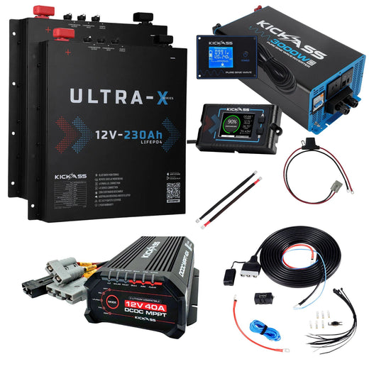 KickAss Twin 12V 230Ah Ultra-X Slimline Lithium Dual Battery Kit with 3000W Inverter, 40A DCDC Charger, Display Panel, Wiring - 460Ah Capacity