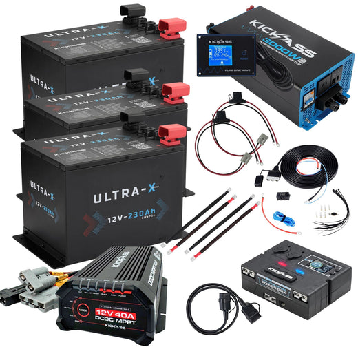 KickAss Triple 12V 230Ah Ultra-X Compact Lithium Dual Battery Kit with 3000W Inverter, 40A DCDC Charger, Control Box, Display Panel, Wiring - 690Ah Capacity