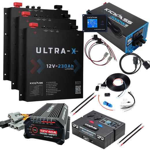 KickAss Triple 12V 230Ah Ultra-X Slimline Lithium Dual Battery Kit with 3000W Inverter, 40A DCDC Charger, Control Box, Display Panel, Wiring - 690Ah Capacity