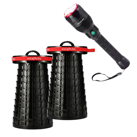 KickAss Ultra Zoom 1000 LED Flashlight + 2x Portable Pop Up Stools Bundle
