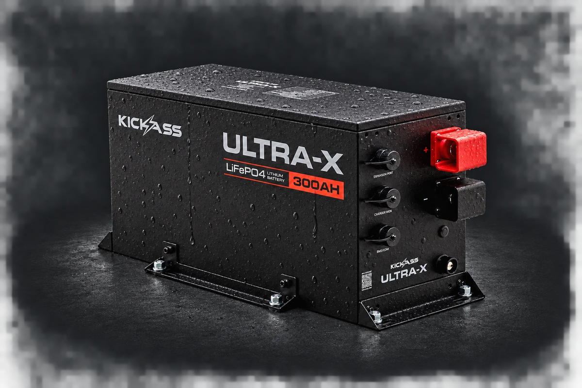 Ultra-X battery shown with water droplets for splash protection