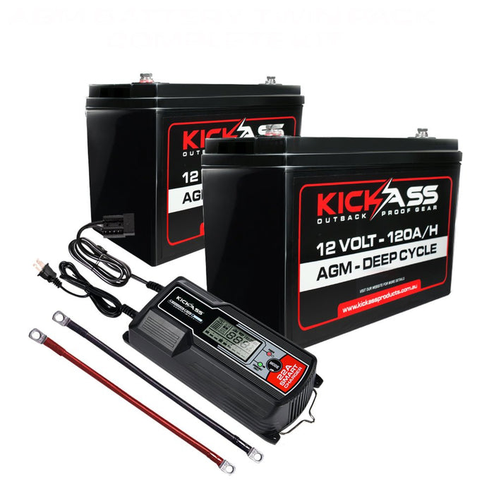 KickAss 12V 120Ah AGM Battery Twin Pack with Cables, & 22 Amp Charger