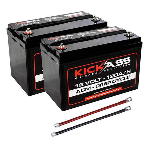 KickAss Twin 12V 120Ah Deep Cycle AGM Battery Bundle with Linking Cables - 240Ah Total Capacity