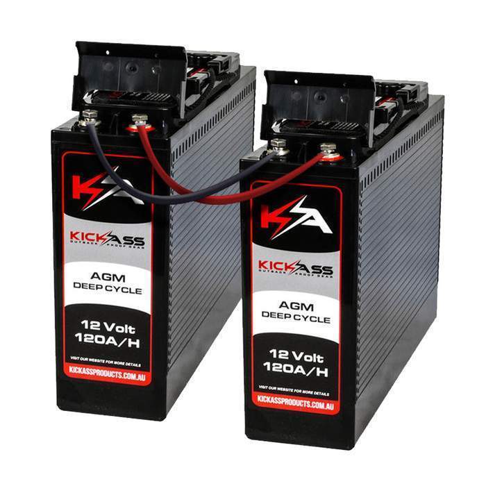 KICKASS 12V 120AH Slim Deep Cycle AGM Battery Twin Pack With 22Amp Charger & Cables