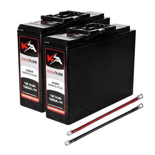 KickAss Twin 12V 120Ah Slimline Deep Cycle AGM Battery Bundle with Linking Cables - 240Ah Total Capacity