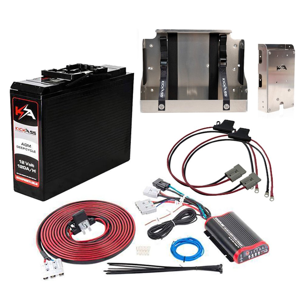 KickAss 12V 120AH Slimline AGM Battery with 25A DCDC Charger, Tray, Panel & Wiring Kit