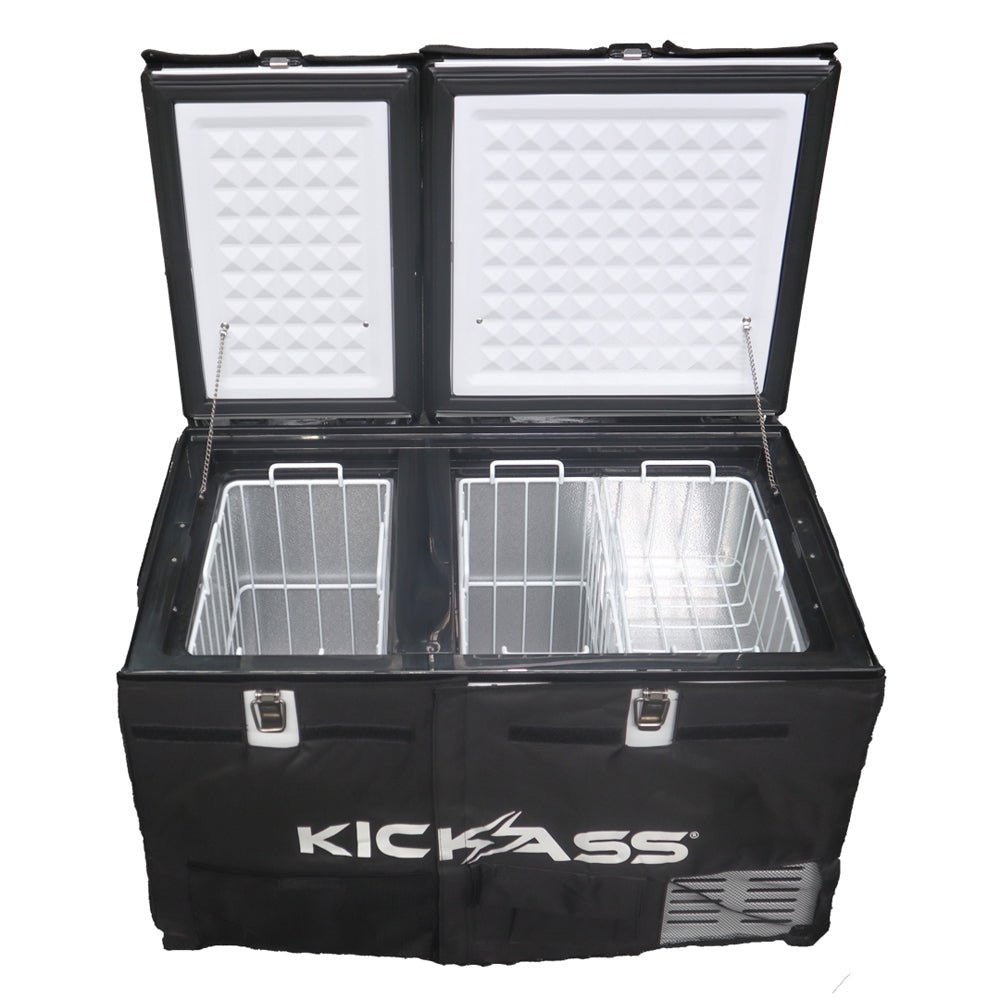 KickAss 75L Portable Camping Fridge/Freezer & Premium Fridge Slide/Table Combo