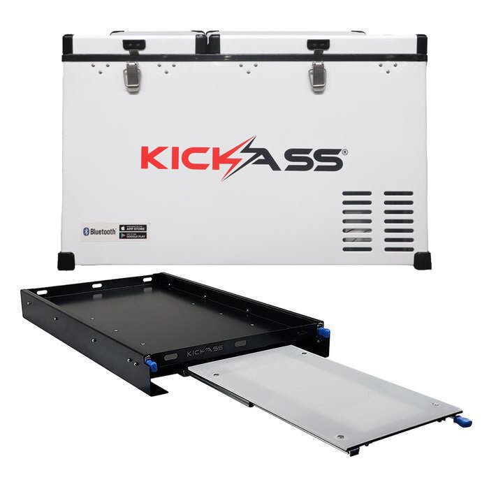 KickAss 75L Portable Camping Fridge/Freezer & Premium Fridge Slide/Table Combo